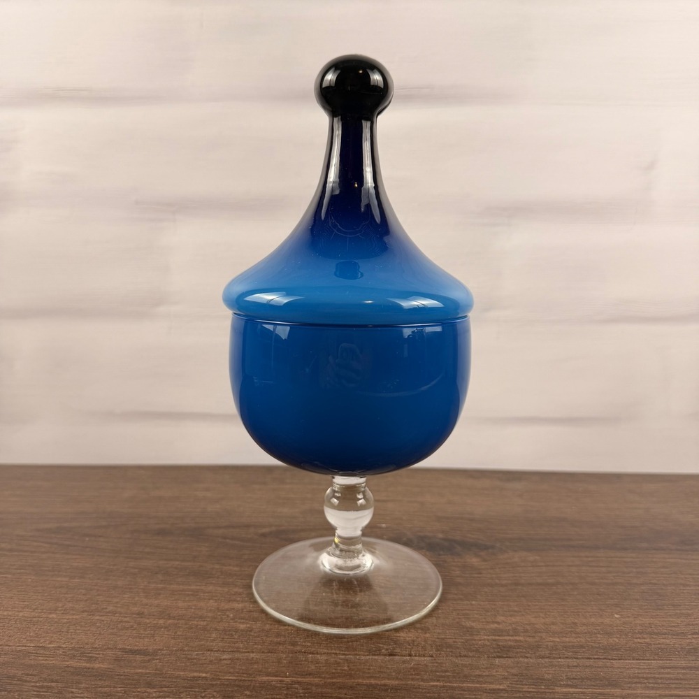 Empoli Cased Blue Glass Circus Tent Lidded Compote Italy MCM